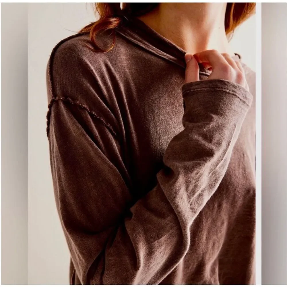 Free People We The Free Women’s Long Sleeve Regan Tee brown small NEW